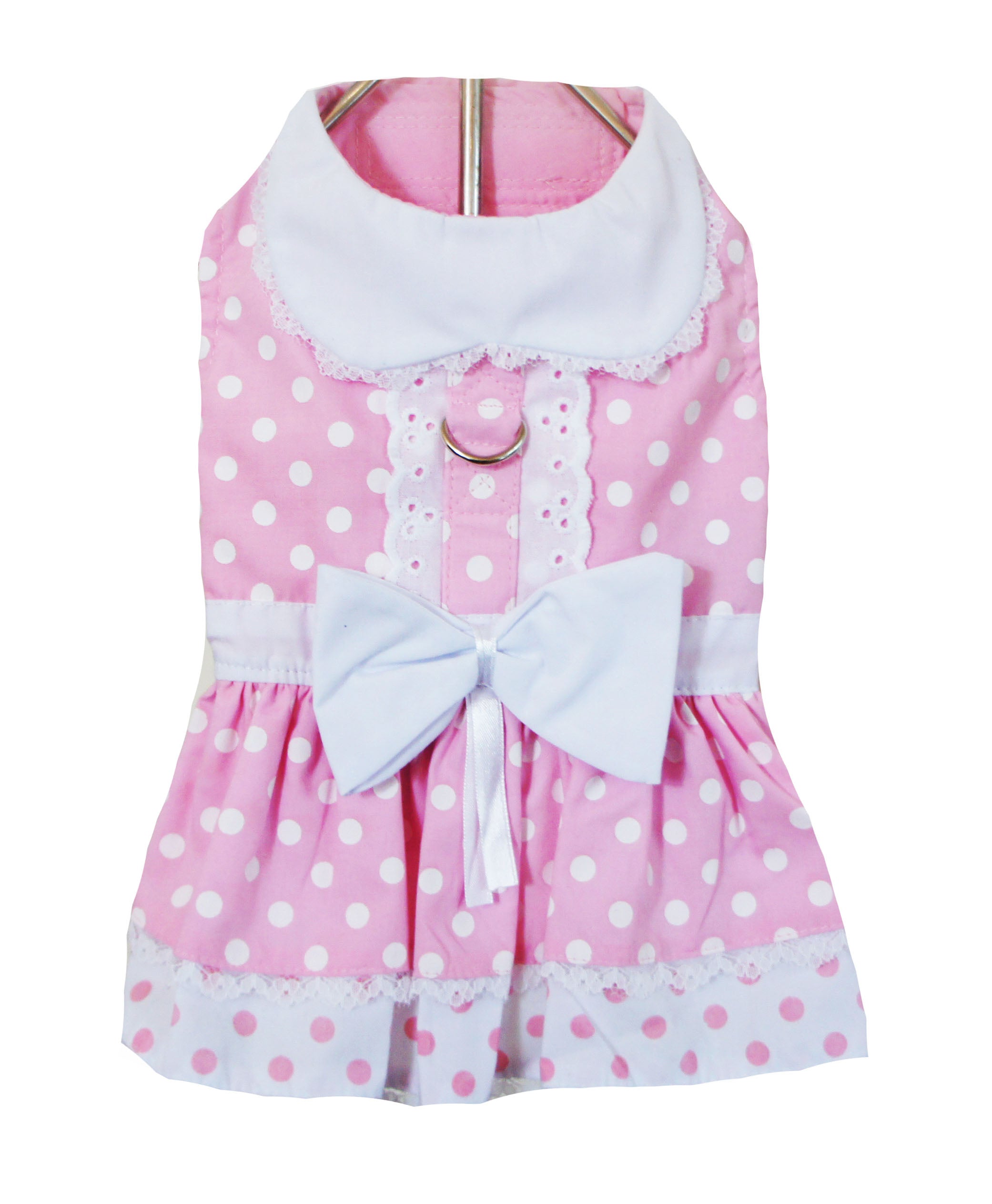 Pink Polka Dot and Lace Dog Dress Set with Leash